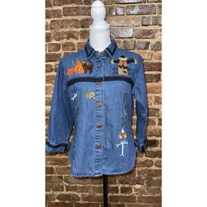 Halloween Vtg Tantrums Trick or Treat Women Sz M Embellished Denim Shirt EUC